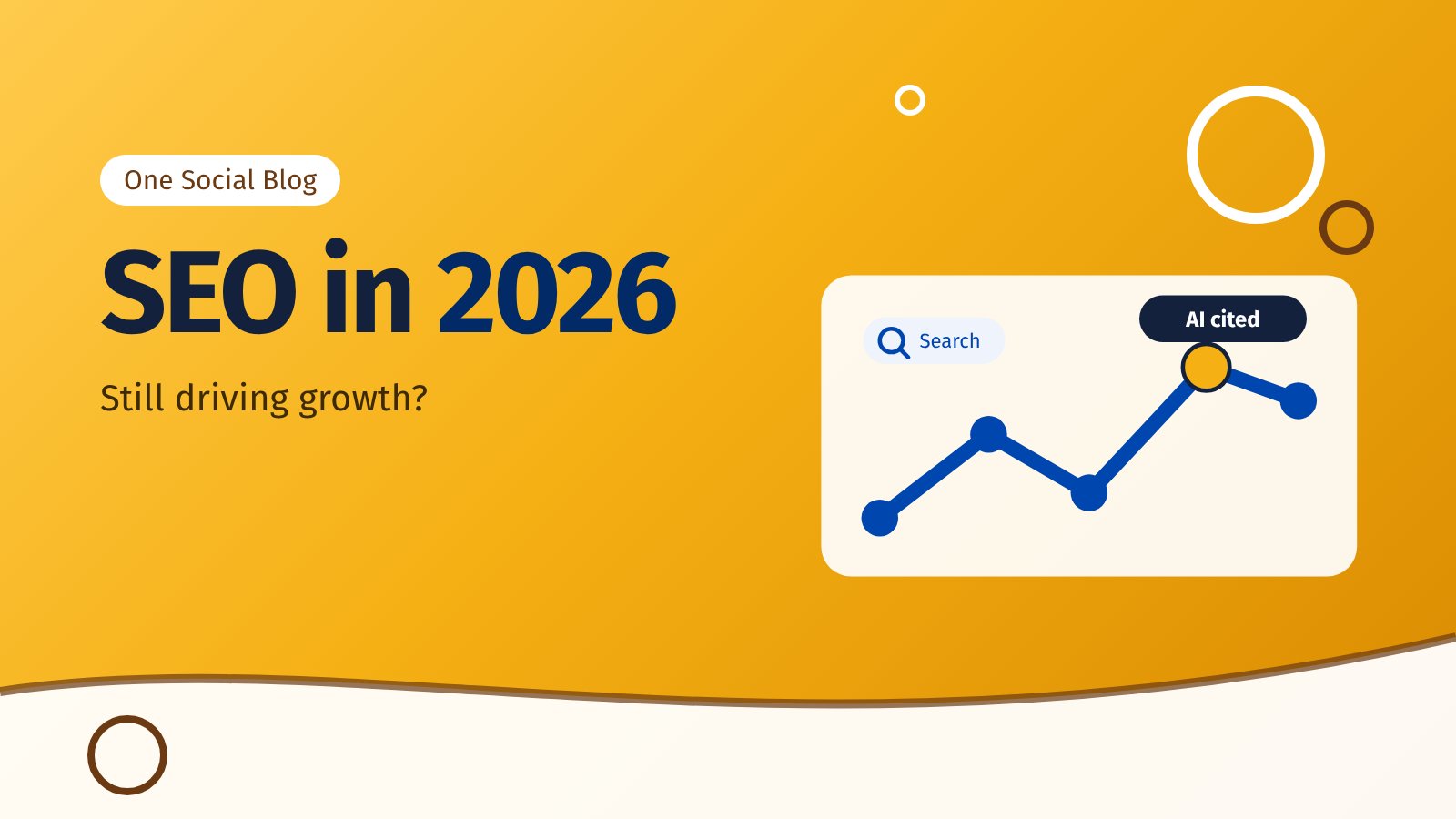 Illustration of a rising growth line made of connected dots, with the words SEO in 2026